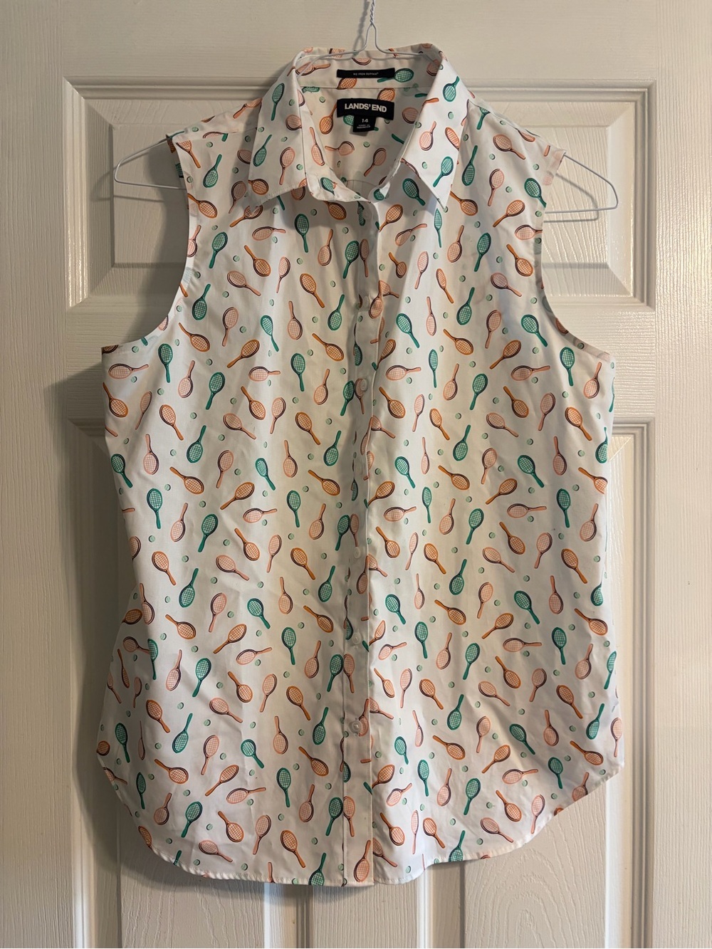 Lands’ End Women’s sz 14 No Iron Supima Cotton Sleeveless Shirt Pickleball Print